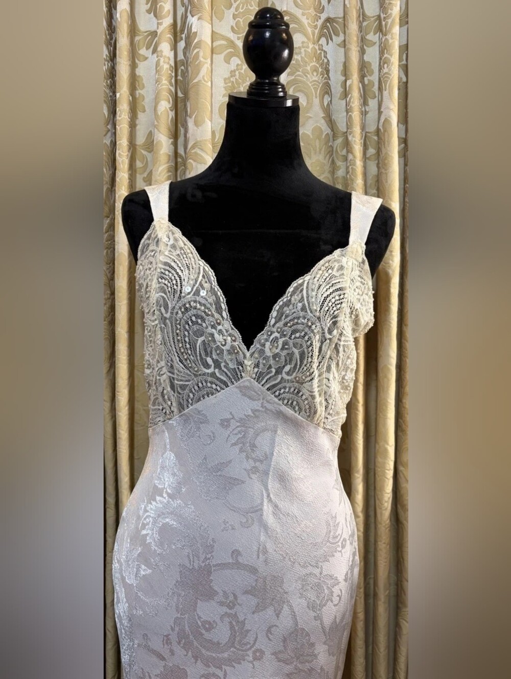 Ivory Lace-Top Satin Evening Dress